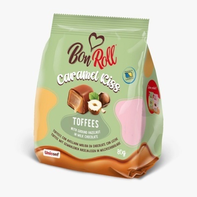 Pacote de toffees Bon Roll Caramel Crisp com avelã e chocolate de leite