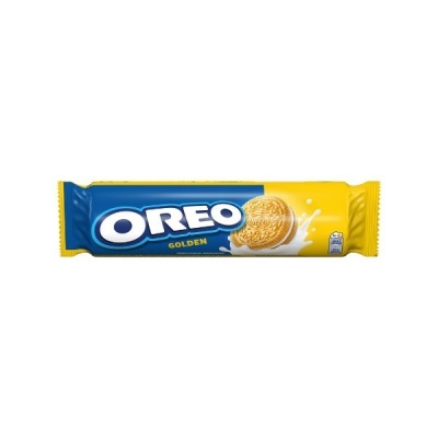 Embalagem de bolachas OREO Golden azul e amarela com bolachas douradas e leite