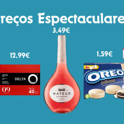 Cinco produtos com preços em euros numa imagem promocional sobre fundo azul.
