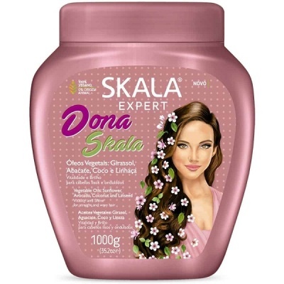 Embalagem rosa com pote de creme SKALA EXPERT Dona Skala, óleo vegetal e imagem de mulher com cabelo longo