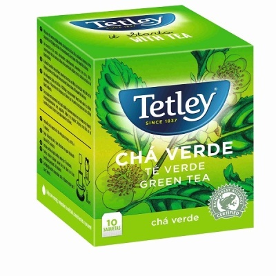 Caixa verde de chá Tetley Chá Verde com 10 saquetas e selo Rainforest Alliance