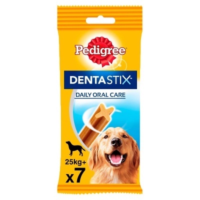 Pacote amarelo de DentaStix da Pedigree para cães acima de 25 kg.