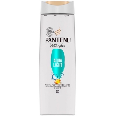 Frasco branco de champô Pantene Pro-V Nutri-plex Aqua Light com tampa bege