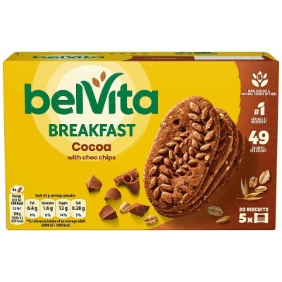 Embalagem de biscoitos BelVita Breakfast Cocoa com pedaços de chocolate