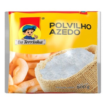 Embalagem amarela de Polvilho Azedo Da Terrinha com logotipo e imagem do produto