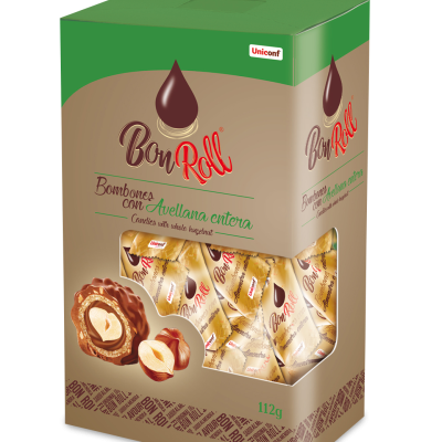 Caixa de bombons Bon Roll com avelã inteira, embalagem verde e bege
