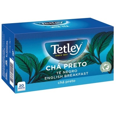 Caixa azul de chá preto Tetley com texto e ilustração de ramos de chá