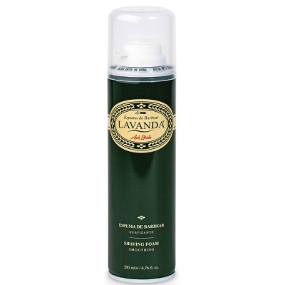 Espuma de barbear Lavanda em spray verde escuro com tampa transparente