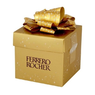 Caixa de presente dourada da Ferrero Rocher com laço decorativo