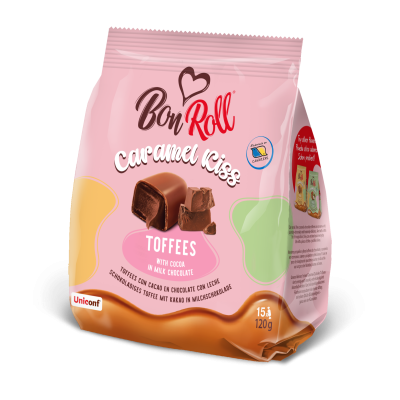 Pacote rosa de caramelo Bon Roll Caramel Kiss com toffees