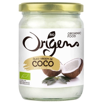 Frasco de óleo virgem de coco Origens com tampa dourada e etiqueta branca com imagem de coco