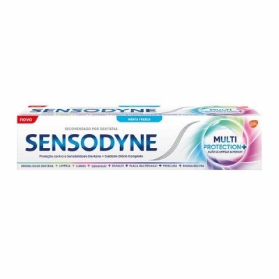 Caixa de pasta de dentes Sensodyne Multi Protection+ em branco, azul e roxo