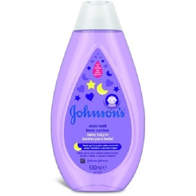 Frasco lilás de gel de banho para bebé Johnson's com etiqueta azul e roxa