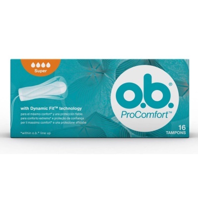 Caixa de tampões o.b. ProComfort azul esverdeada com texto e detalhes em branco e laranja