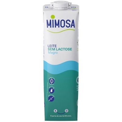 Caixa de leite magro sem lactose Mimosa em azul e verde