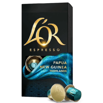Embalagem preta de cápsulas de café L'OR ESPRESSO Papua New Guinea Highlands com duas cápsulas