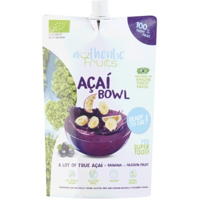 Embalagem branca do produto Authentic Fruits Açaí Bowl com tigela roxa com açaí e fatias de banana