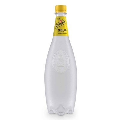 Garrafa plástica transparente Schweppes Tônica Original com tampa amarela