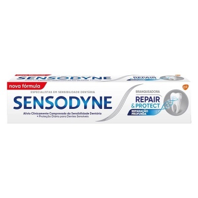 Embalagem de pasta dentífrica Sensodyne Repair & Protect com texto em português