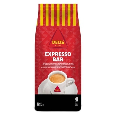 Pacote vermelho Delta Expresso Bar com chávena de café expresso