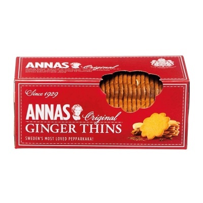 Caixa vermelha de bolachas Ginger Thins com janela transparente