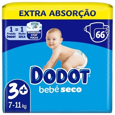 Pacote de fraldas Dodot bebé seco tamanho 3+ azul e amarelo