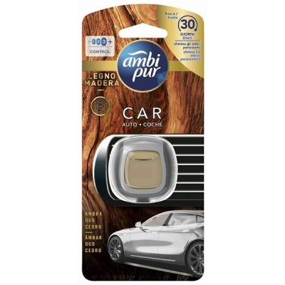 Ambientador Ambi Pur para carro com aroma Madeira em embalagem castanha com imagem de carro prateado