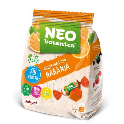 Pacote de doces Neo Botanica sabor laranja com informações nutricionais e ingredientes destacados