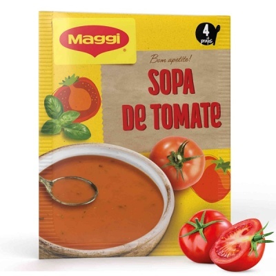 Pacote amarelo de sopa Maggi Sopa de Tomate com imagem de sopa e tomates