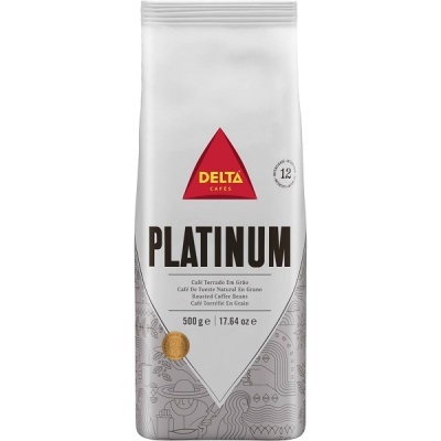 Embalagem de café Delta Cafés Platinum 500g branca e cinza