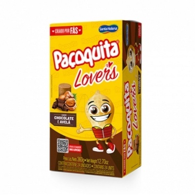 Pacote Paçoquita Lover's chocolate e avelã amarelo com personagem sorridente e texto em vermelho