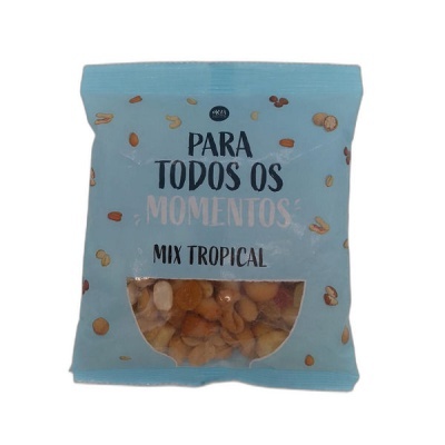 Pacote azul claro de frutos secos Mix Tropical com texto e ilustrações de frutos secos