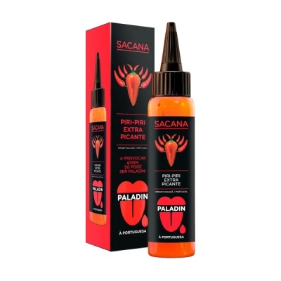 Frasco e embalagem de molho Piri-Piri Sacana Paladin, preta e vermelha