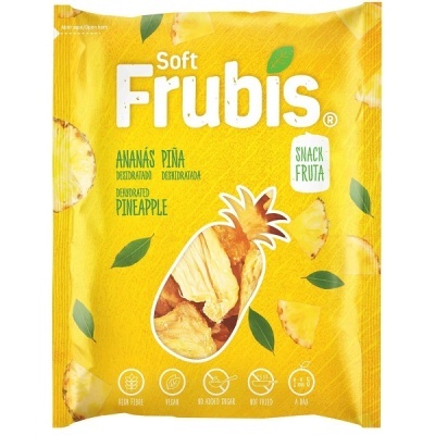 Pacote amarelo de Frubis Soft com ananás desidratado e folhas verdes