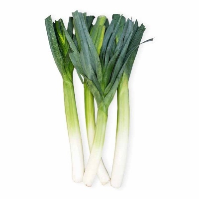 Três alhos-porós frescos com folhas verdes e talos brancos