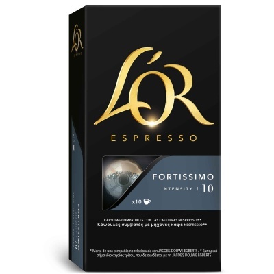 Caixa preta de cápsulas de café L'OR Espresso Fortissimo com 10 cápsulas e intensidade 10