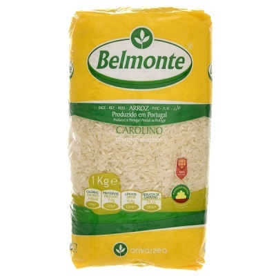 Pacote de arroz Carolino Belmonte 1 kg, embalagem amarela e verde