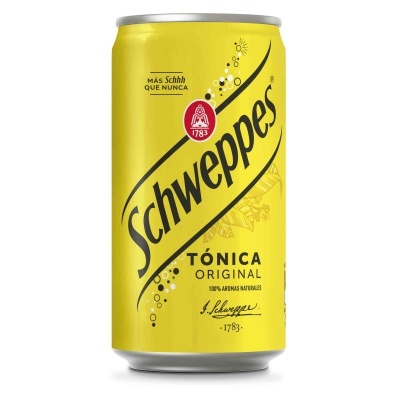 Lata amarela de Schweppes Tónica Original com texto em preto e vermelho