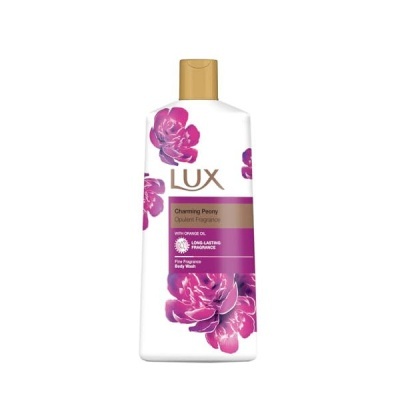 Frasco Lux Charming Peony gel de banho branco com flores rosa e tampa dourada