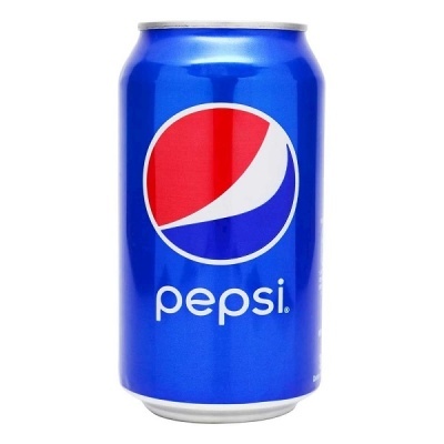 Lata azul de refrigerante Pepsi com logótipo colorido