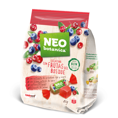Pacote de gelatina NEO botanica com frutas do bosque e embalagens individuais vermelhas