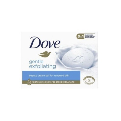 Sabonete Dove gentle exfoliating em barra, embalagem branca e azul com texto e imagem do sabonete
