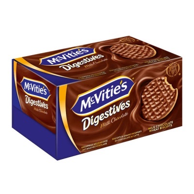 Embalagem de bolachas McVitie's Digestives com chocolate de leite
