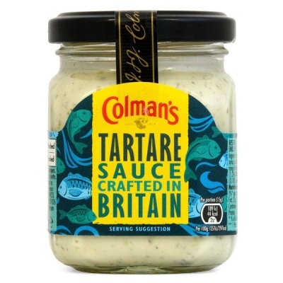 Frasco de molho tártaro Colman's com rótulo amarelo e azul de peixes
