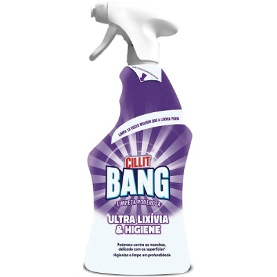 Frasco spray de limpeza Cillit Bang Ultra Lixívia & Higiene roxo e branco