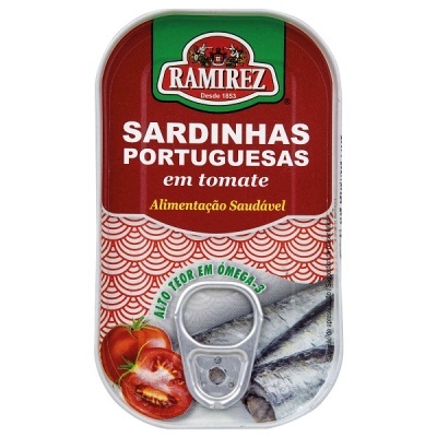 Lata de sardinhas portuguesas em tomate RAMIREZ com anilha metálica, ilustração de tomates e sardinhas