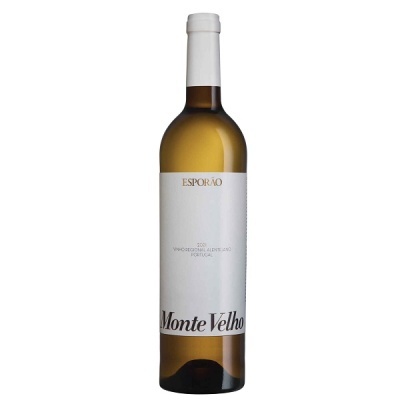 Garrafa de vinho branco Monte Velho com rótulo branco e texto