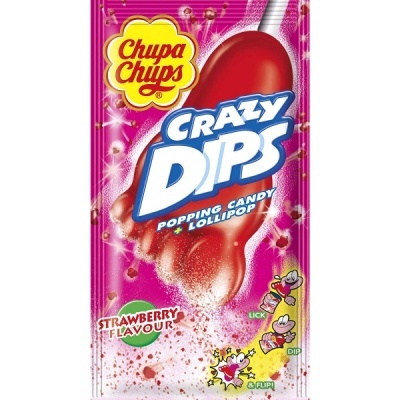 Pacote Chupa Chups Crazy Dips sabor morango com instruções e desenho animado