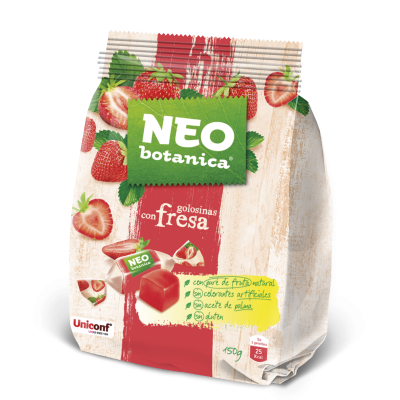 Pacote de golosinas Neo Botanica sabor a fresa com imagens de morangos