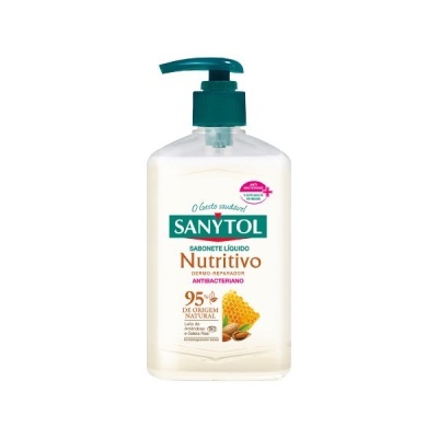 Frasco de sabonete líquido Sanytol Nutritivo com tampa verde e rótulo branco e verde